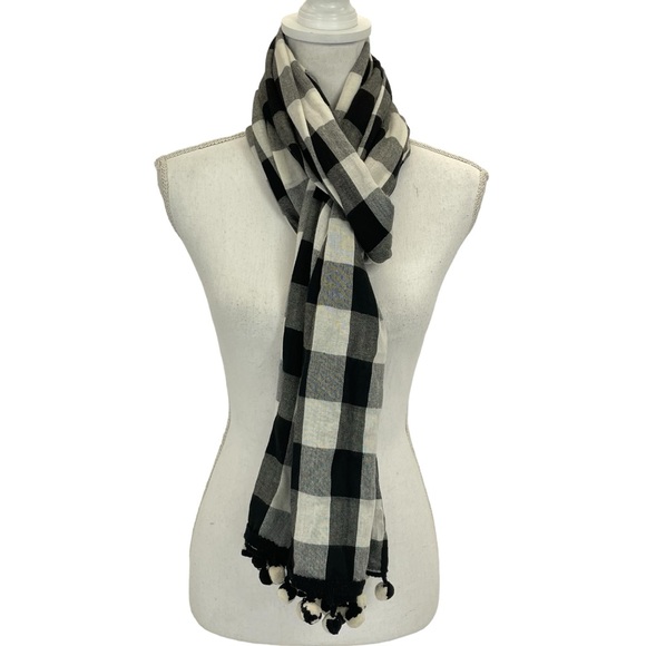 Talbots Scarf Wrap Plaid with Pompoms OS Black & White - Picture 1 of 11